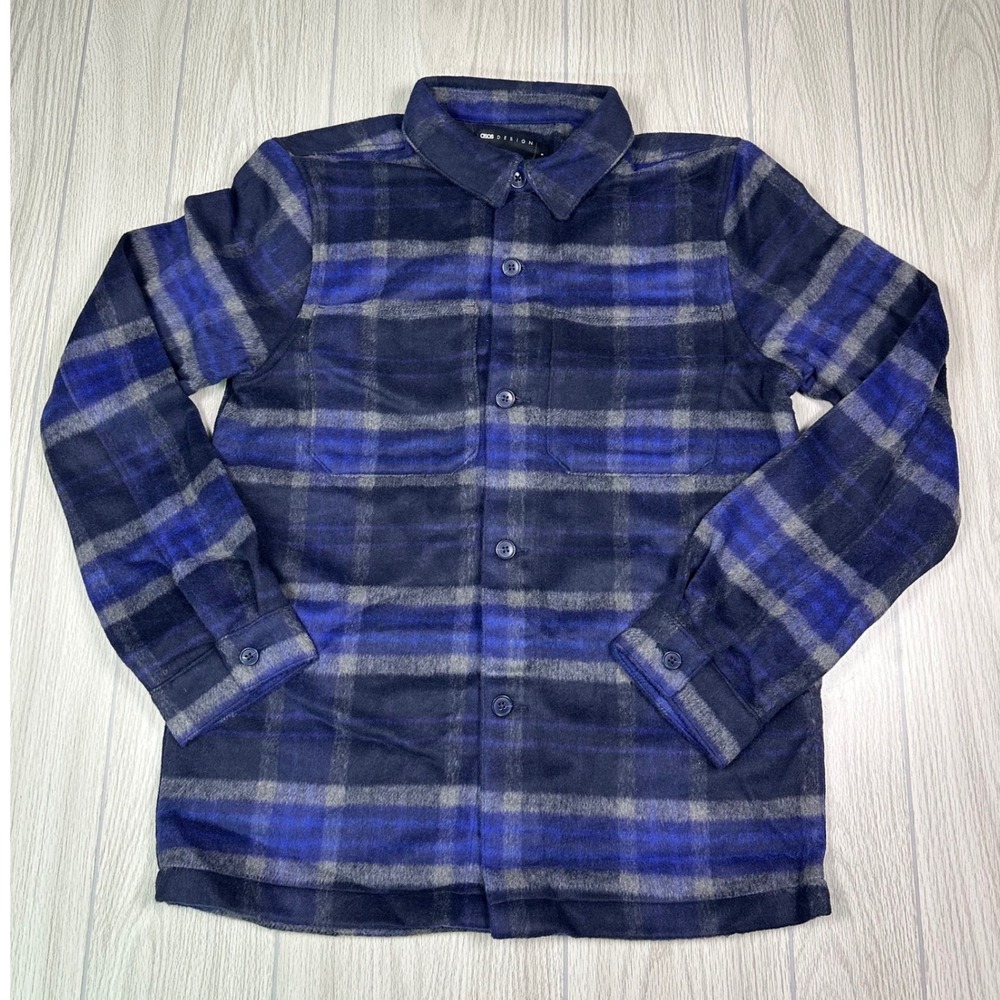 ASOS DESIGN Wool Look Shacket‎ Dark Blue Check Flannel Shirt Jacket Men Size S